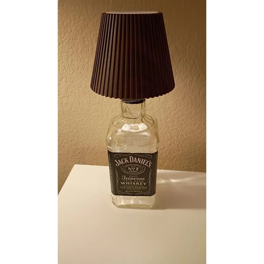 Jack Daniel's Glass Bottle Table Lamp with Brown Cone Shade, Rechargeable